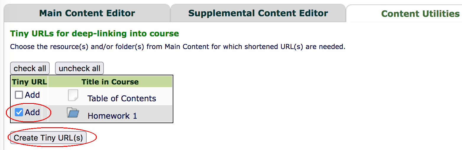 Course Editor Tiny URLs Screenshot