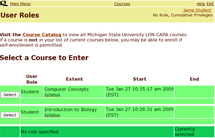 Selecting course on the Courses Screen